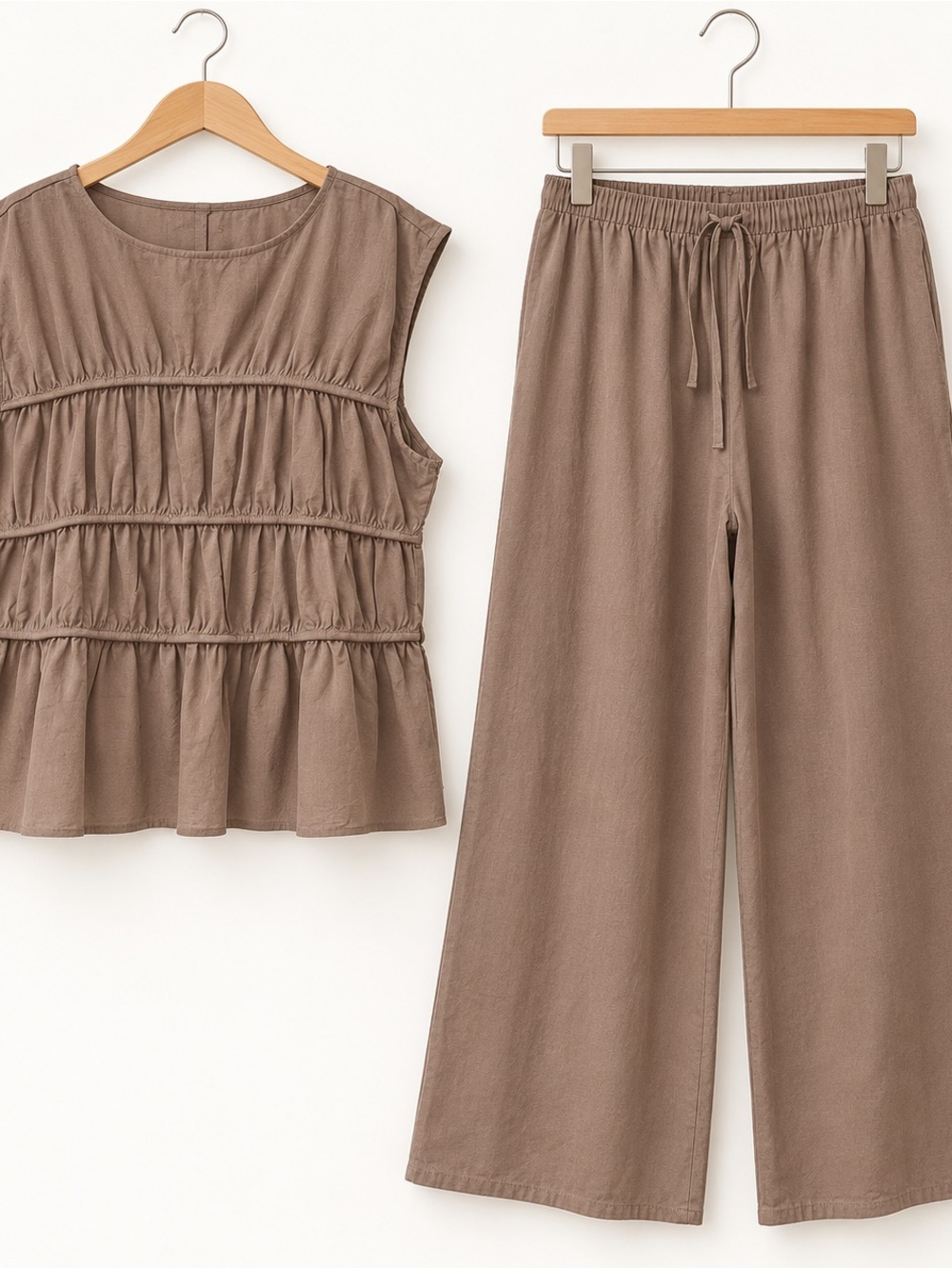 Tankaneo XXL Brown 100% Cotton Babydoll Top Wide Leg Pants 2 Piece Set - Picture 2 of 10